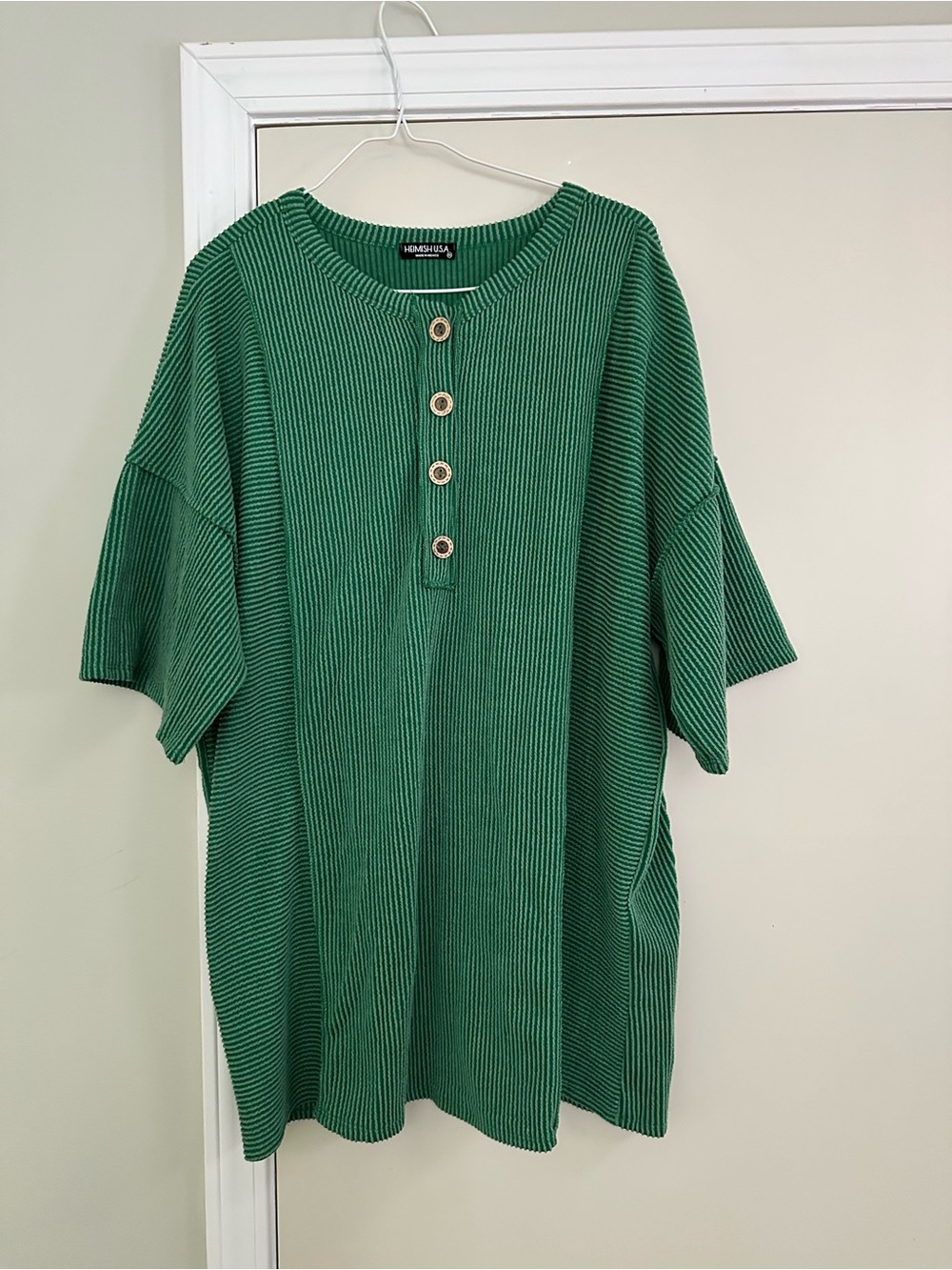 HEIMISH USA Green Ribbed Short-Sleeve Henley with Button Placket